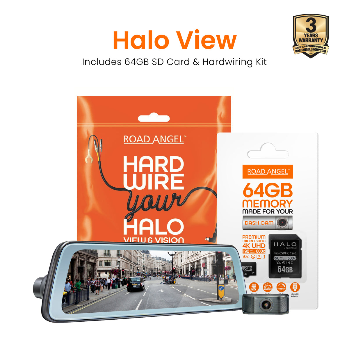 NEW - Road Angel Halo View 2 Rear View Mirror and Dash Cam with 64GB SD Card & Hardwiring Kit Bundle