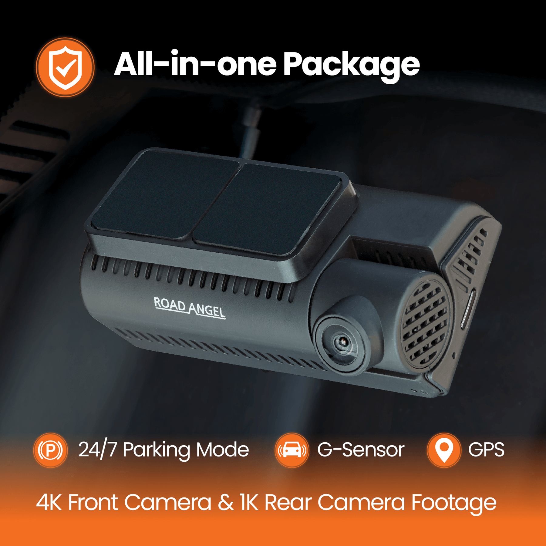 New- Road Angel Halo Play 4K Dual Dash Cam with 3.2" Screen, Parking Mode & Quick Release mounting
