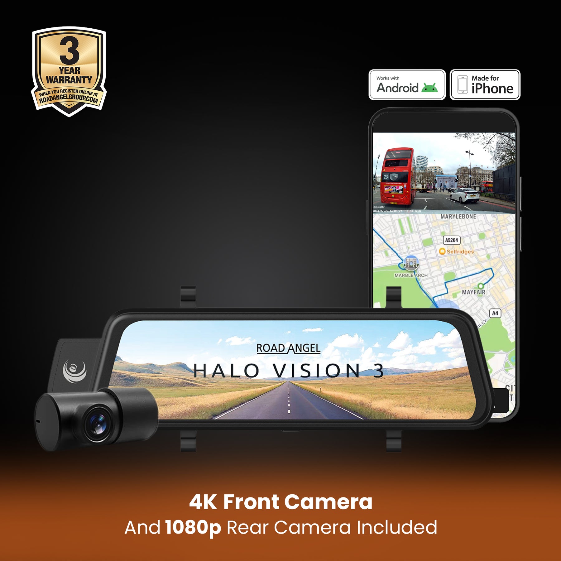 Halo Vision 3 4K – 2160p & 1080p Front & Rear Anti-Glare Mirror Dash Cam with integrated 10 inch LCD touchscreen