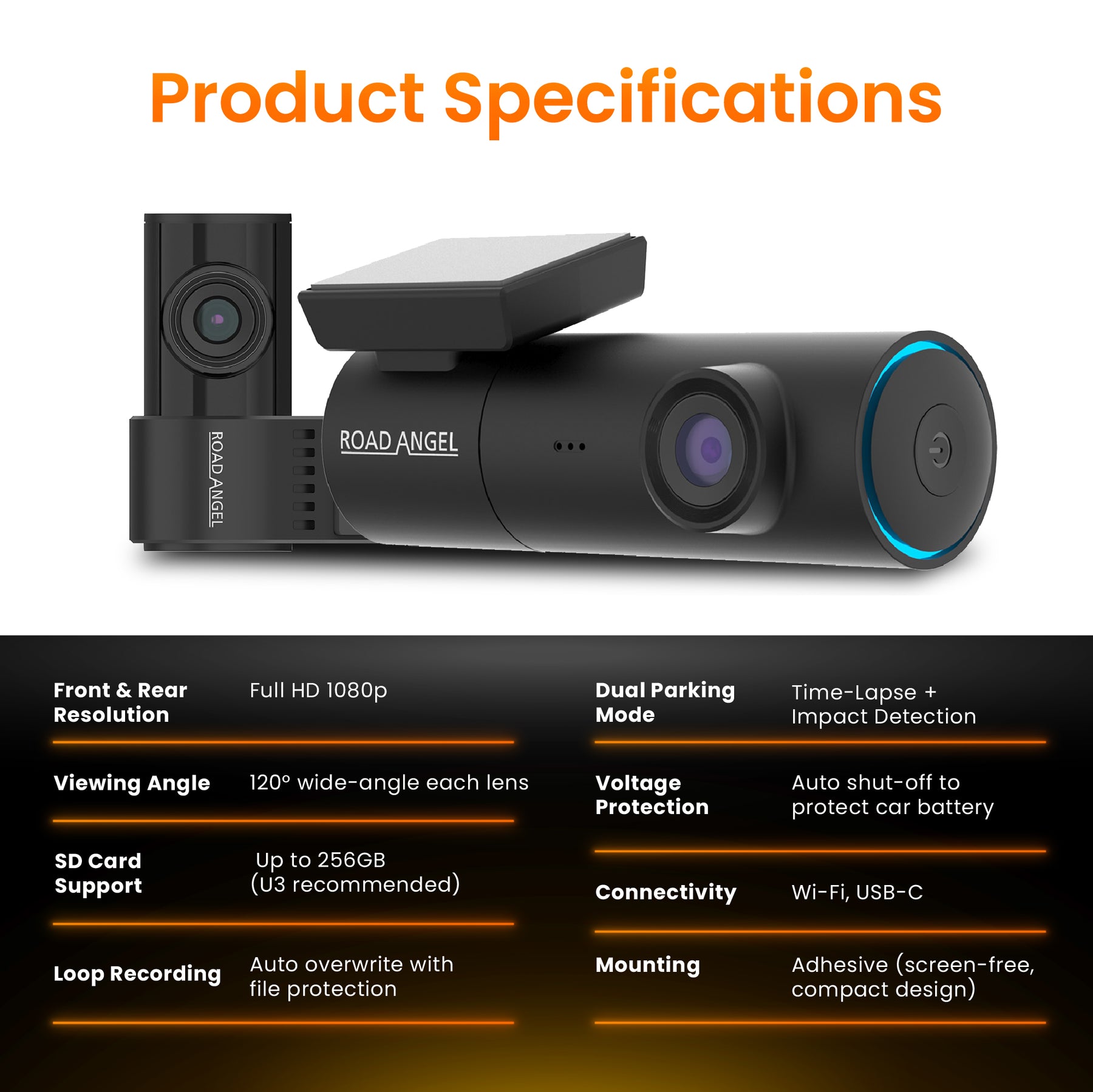 New - Halo Spark Dual Full HD 1080p Front & Rear Dash Camera With Dual Parking Mode & Winter Mode (USB-C)