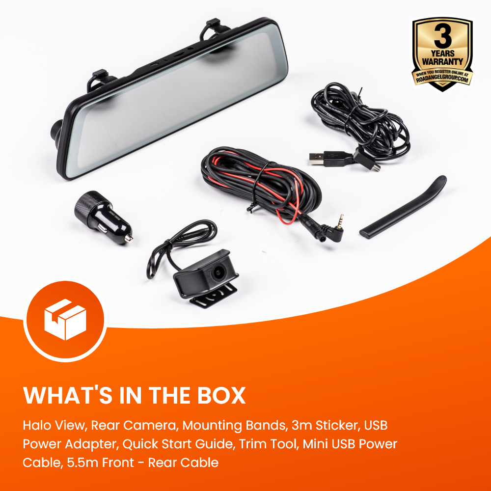 NEW - Road Angel Halo View 2 Rear View Mirror and Dash Cam with 64GB SD Card & Hardwiring Kit Bundle