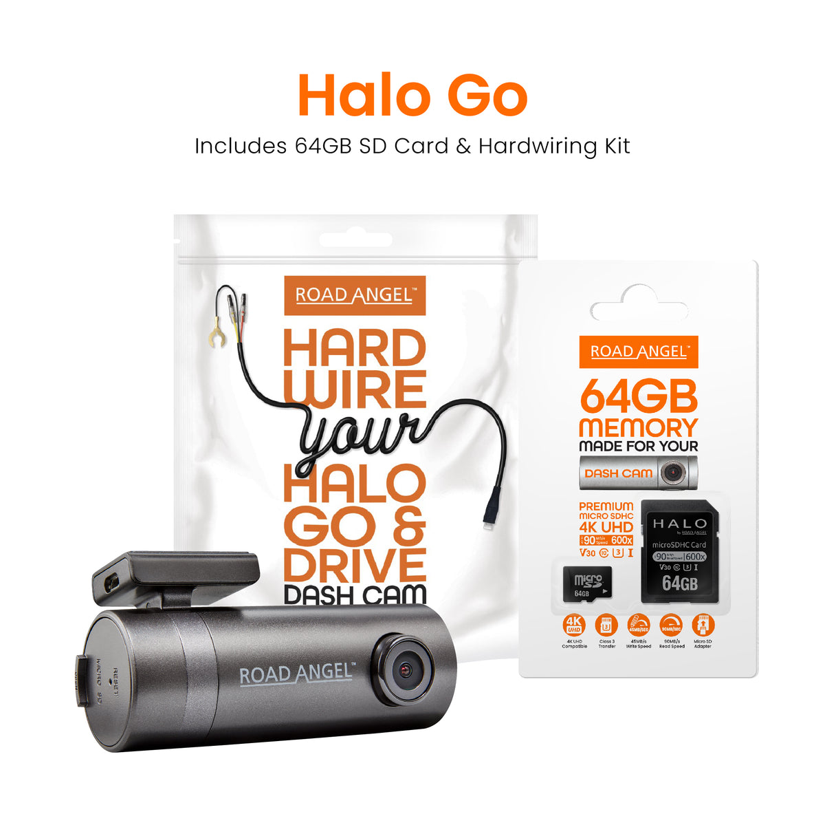 Road Angel Halo Go Compact Dash Cam with SD Card & Hardwiring Kit Bundle