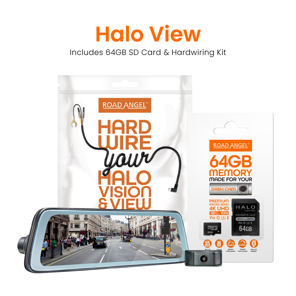 NEW - Road Angel Halo View 2 Rear View Mirror and Dash Cam (Type C) with SD Card & Hardwiring Kit Bundle
