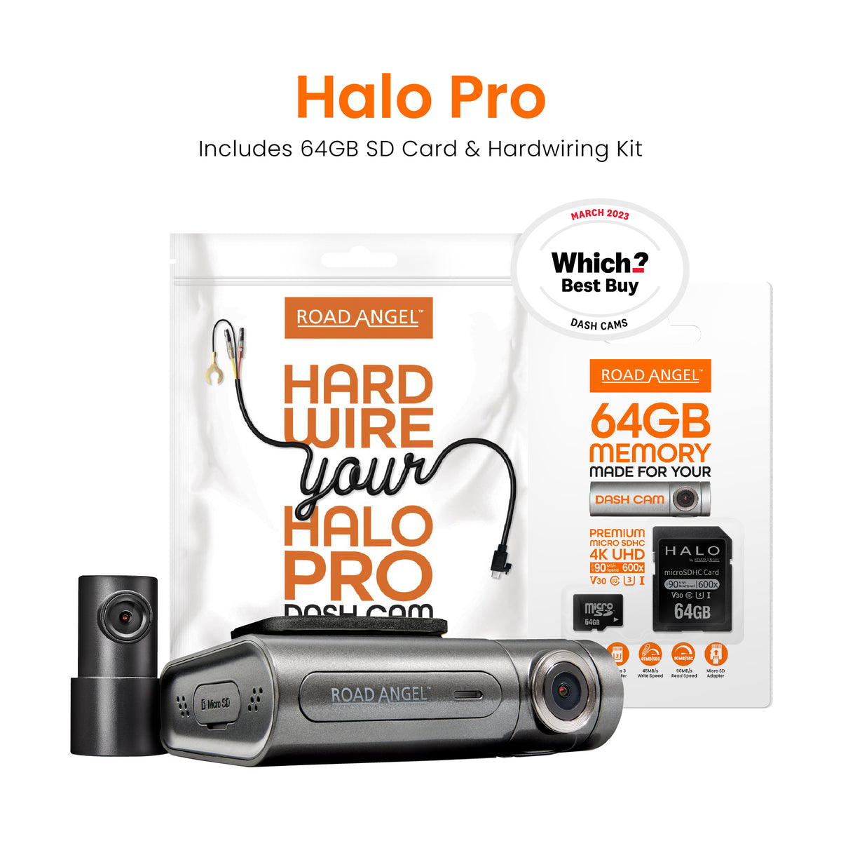 Road Angel Halo Pro Front and Rear Dash Cam with 64GB SD Card & Hardwiring Kit Bundle
