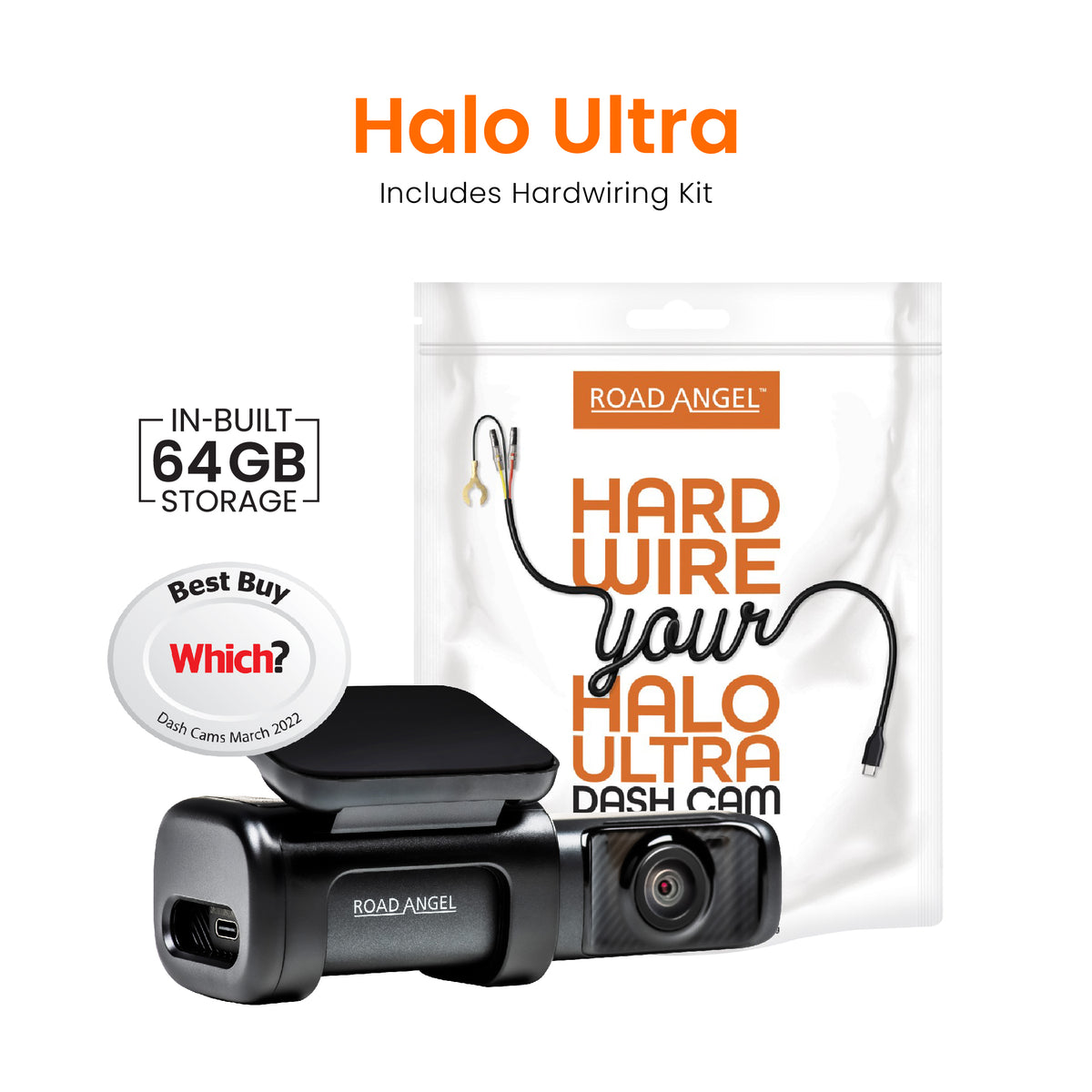Road Angel Halo Ultra 4K Dash Cam with Hardwiring Kit with Internal 64GB SSD Memory Bundle