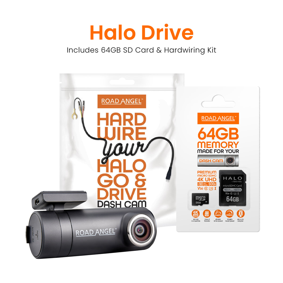 Road Angel Halo Drive 2K Compact Dash Cam with SD Card & Hardwiring Kit Bundle