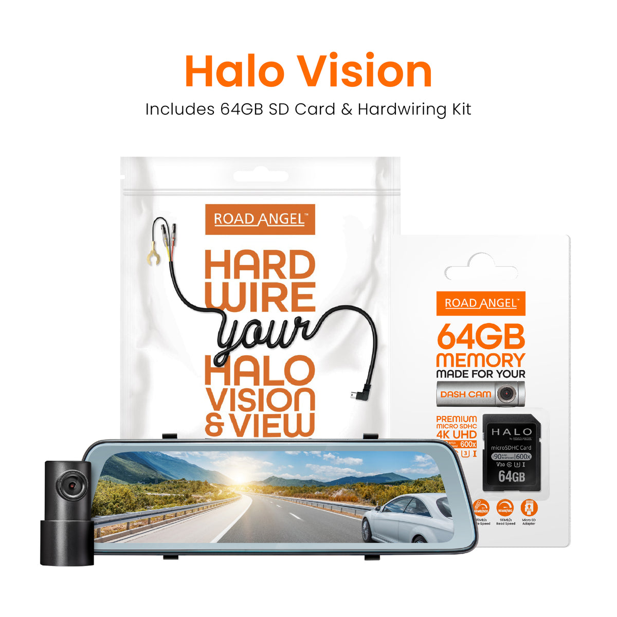 Road Angel Halo Vision Rear View Mirror and Dash Cam with SD Card & Hardwiring Kit Bundle