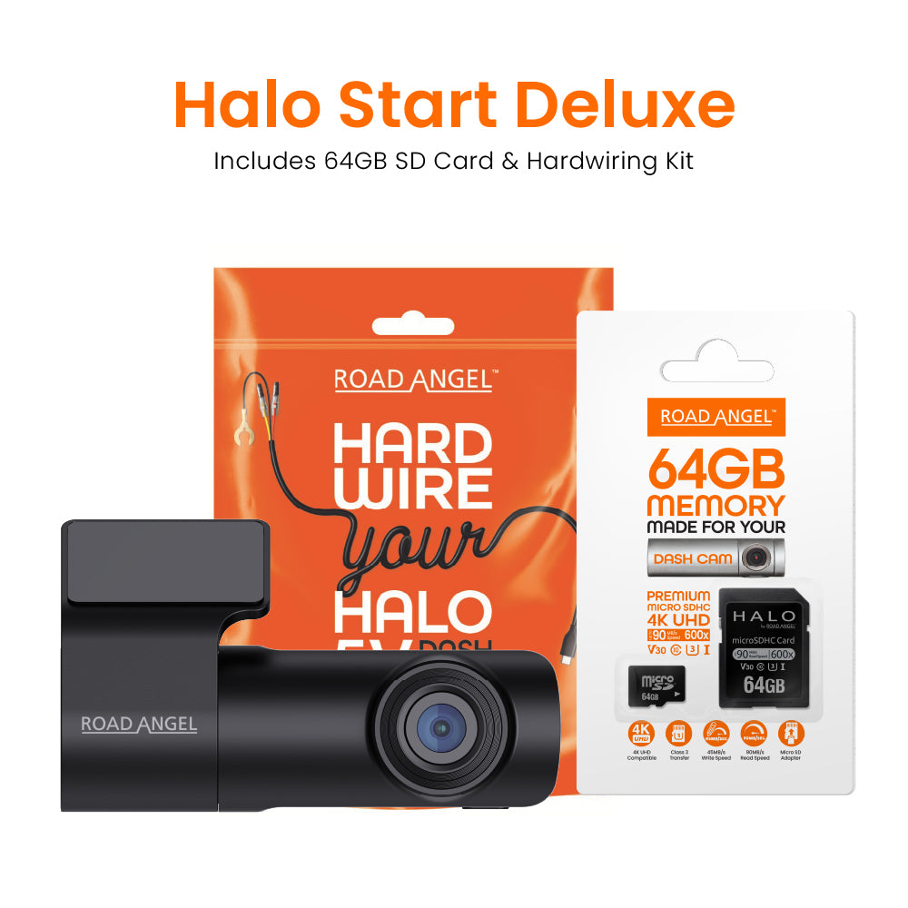 NEW - Road Angel Halo Start 1080p Full HD Compact Dash Cam With Quick Release Mount with 64GB SD Card & Hardwiring Kit Bundle