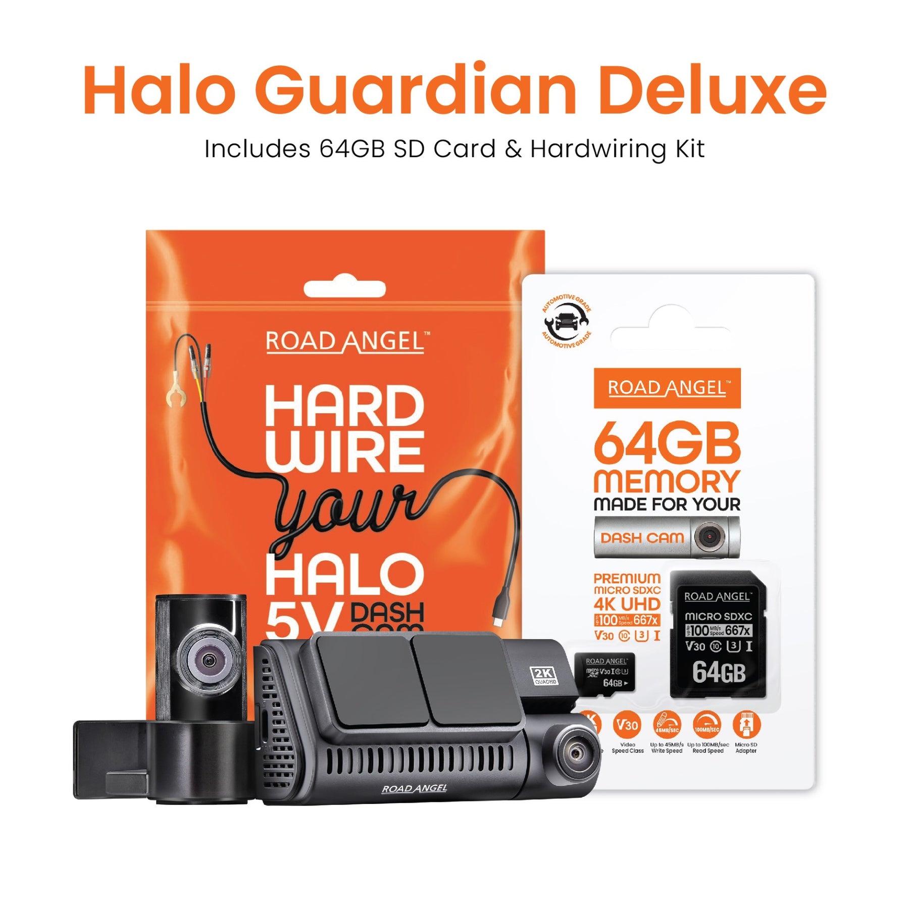 Halo Guardian 2K+ Dual Dash Cam with 3.2" Screen, Parking Mode & Quick Release mounting With 64GB SD Card & Hardwiring Kit Bundle