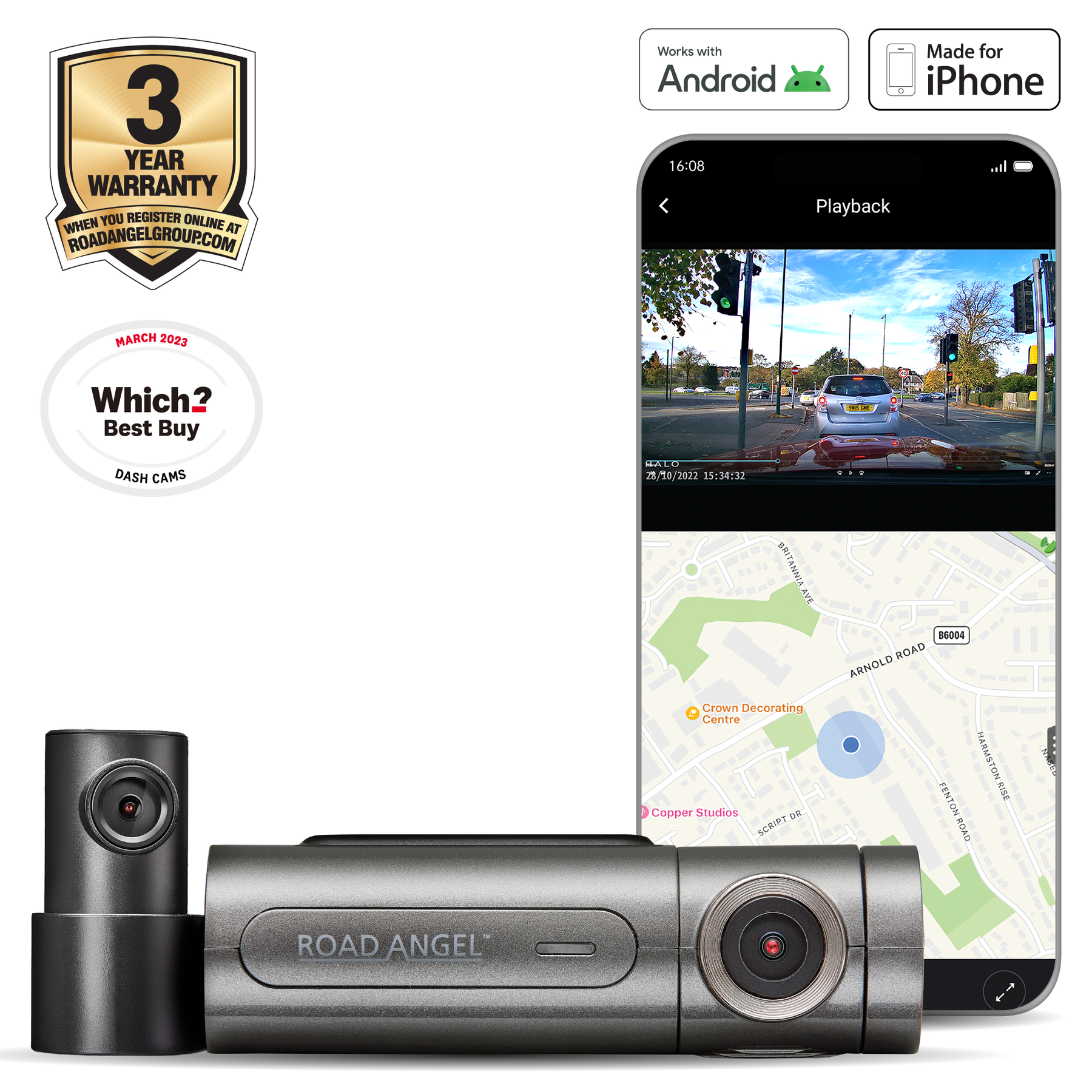 Road Angel Halo Pro 2K Front and 1K Rear Dash Cam with Dual Parking Mode