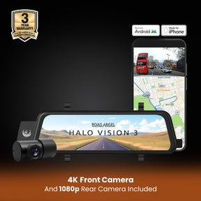 Halo Vision 3 4K – 2160p & 1080p Front & Rear Anti-Glare Mirror Dash Cam with integrated 10 inch LCD touchscreen